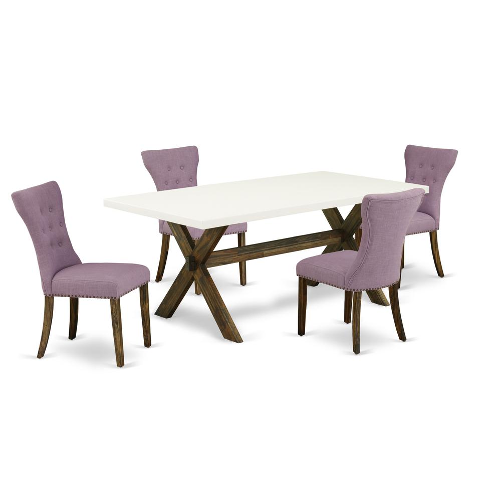 East West Furniture X727GA740-5 5-Pc Modern Dining Set- 4 Mid Century Dining Chairs with Dahlia Linen Fabric Seat and Button Tufted Chair Back - Rectangular Table Top & Wooden Cross Legs - Linen White. Picture 1