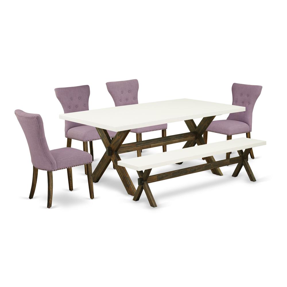East West Furniture X727GA740-6 6-Pc Dining Room Table Set- 4 Dining Padded Chairs with Dahlia Linen Fabric Seat and Button Tufted Chair Back - Rectangular Top & wooden cross legs Kitchen Table and In. Picture 1