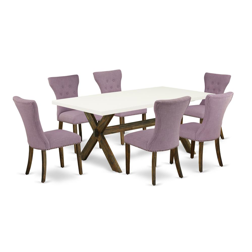 East West Furniture X727GA740-7 7-Piece Dinette Set- 6 Kitchen Chairs with Dahlia Linen Fabric Seat and Button Tufted Chair Back - Rectangular Table Top & Wooden Cross Legs - Linen White and Distresse. Picture 1