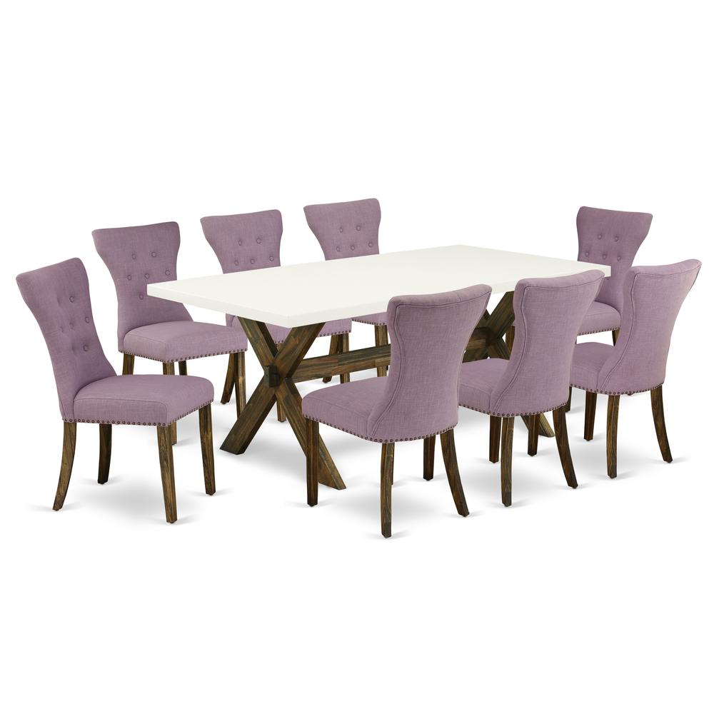 East West Furniture X727GA740-9 9-Piece Dinette Set- 8 Parson Dining Room Chairs with Dahlia Linen Fabric Seat and Button Tufted Chair Back - Rectangular Table Top & Wooden Cross Legs - Linen White an. Picture 1