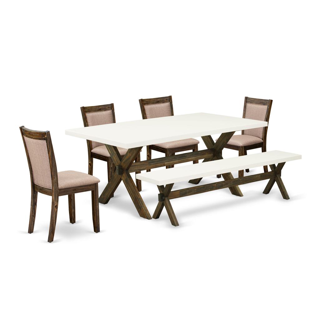 X727MZ716-6 6 Pc Dining Table Set- A Modern Table in Trestle Base with Wood Bench and 4 Parson Chairs - Distressed Jacobean Finish. Picture 1