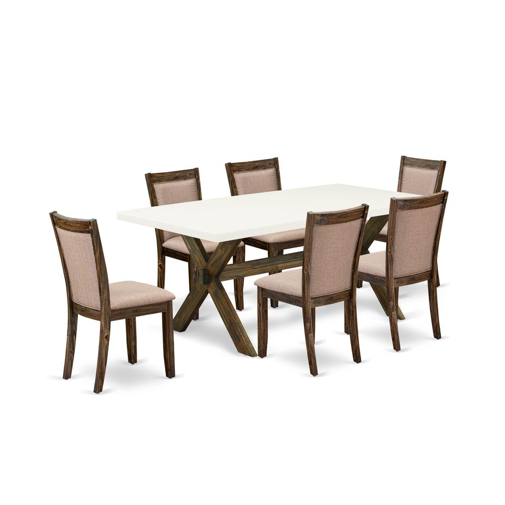 X727MZ716-7 7 Piece Modern Dinner Table Set - A Dining Table with Trestle Base and 6 Kitchen Chairs - Distressed Jacobean Finish. Picture 1