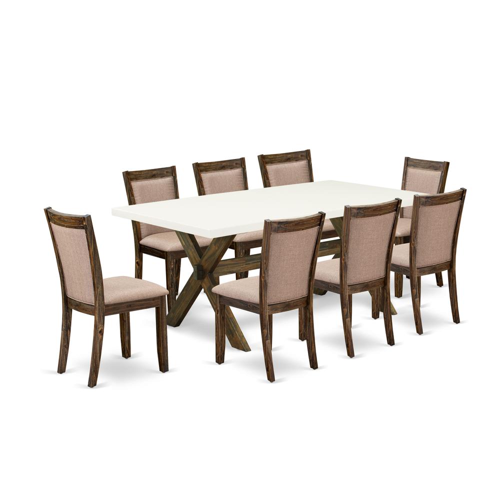 X727MZ716-9 9 Piece Innovative Dining Set - A Dinning Table with Trestle Base and 8 Kitchen Chairs - Distressed Jacobean Finish. Picture 1