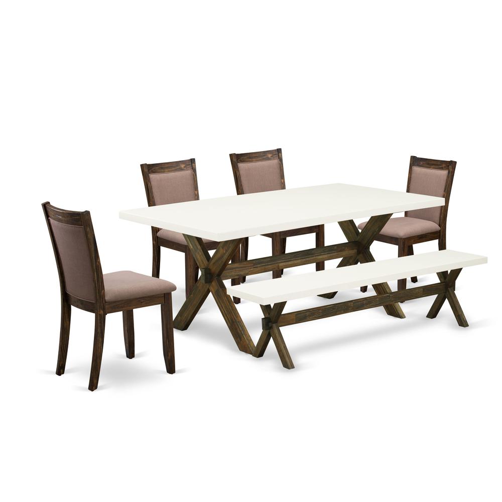 X727MZ748-6 6 Piece Dining Set- A Dinning Table in Trestle Base with Bench and 4 Coffee Dinner Chairs - Distressed Jacobean Finish. Picture 1