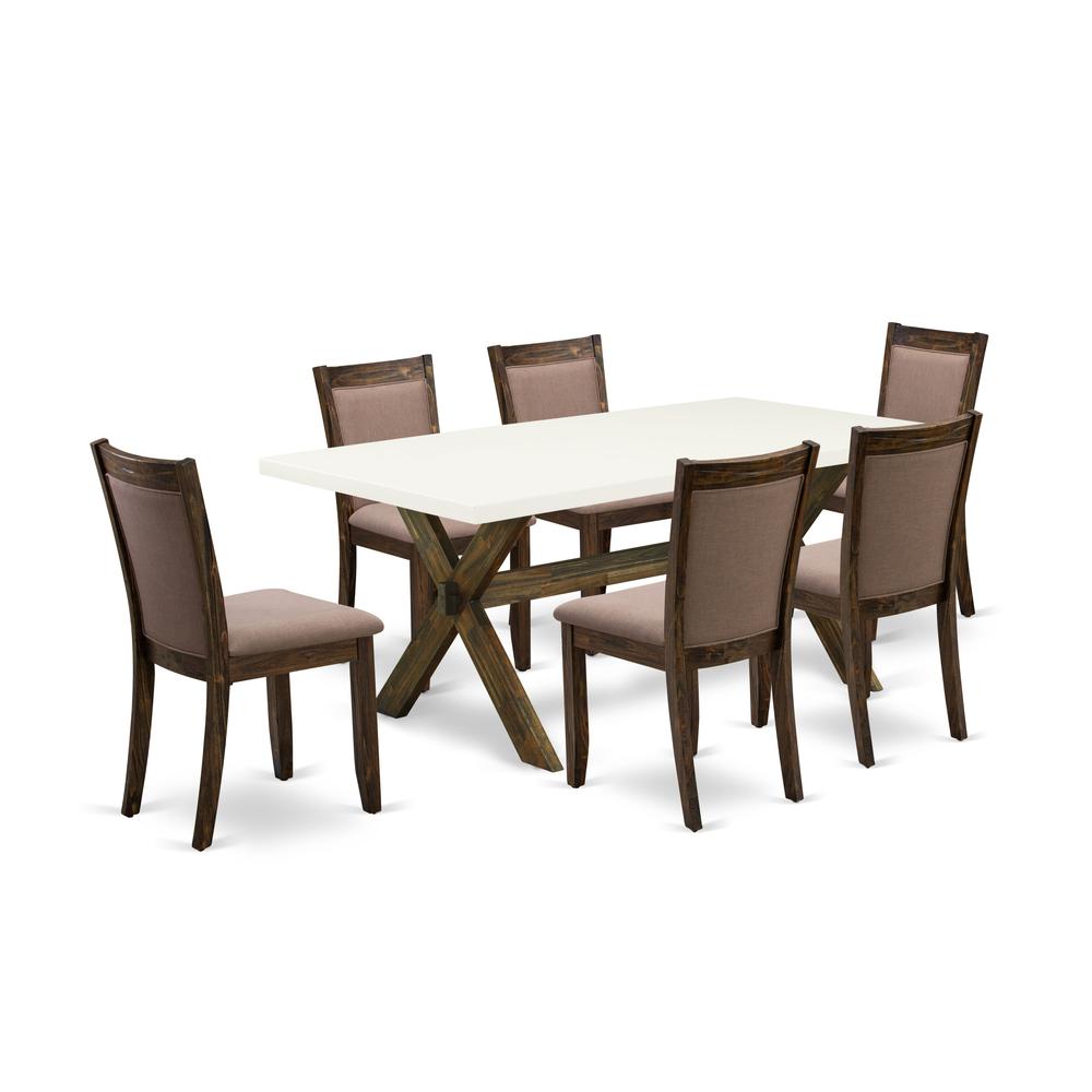 X727MZ748-7 7 Piece Modern Dining Set - A Dining Table with Trestle Base and 6 Coffee Dining Chairs - Distressed Jacobean Finish. Picture 1