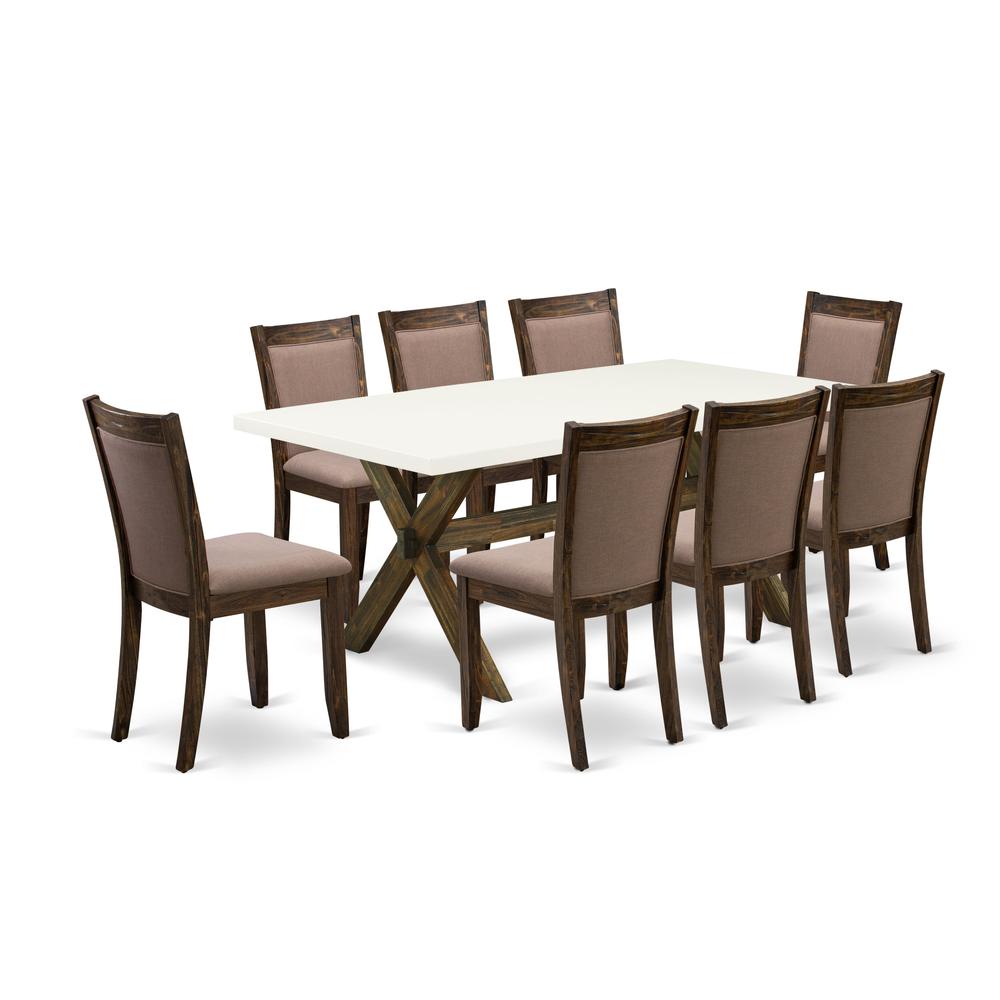 X727MZ748-9 9 Pc Innovative Dining Set - A Kitchen Table with Trestle Base and 8 Coffee Dining Chairs - Distressed Jacobean Finish. Picture 1