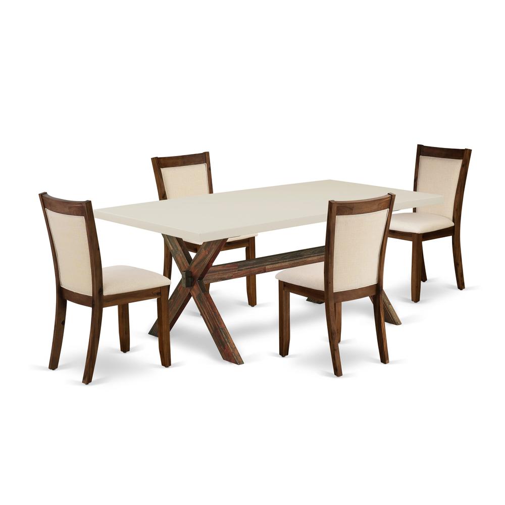 East West Furniture 5-Pc Modern Dining Set Contains a Wooden Dining Table and 4 Light Beige Linen Fabric Upholstered Dining Chairs with Stylish Back - Distressed Jacobean Finish. Picture 1