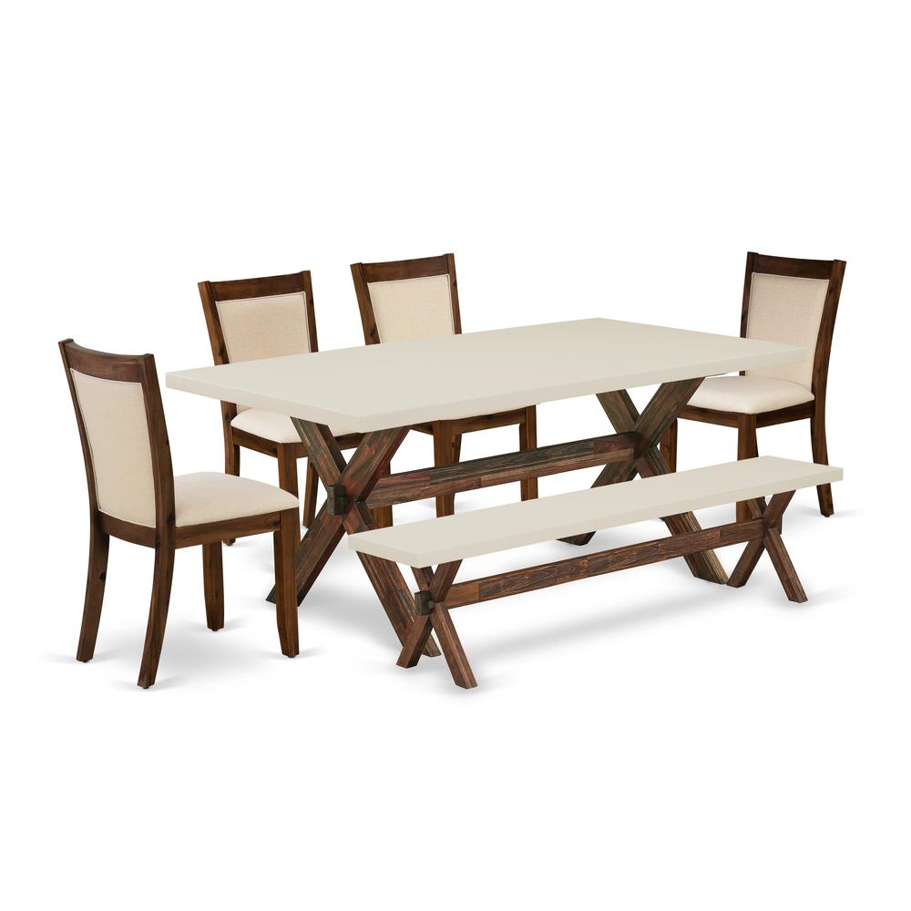 East West Furniture 6-Piece Kitchen Table Set Includes a Dinner Table and a Kitchen Bench with 4 Light Beige Linen Fabric Upholstered Chairs with Stylish Back - Distressed Jacobean Finish. Picture 1