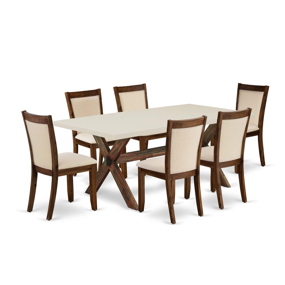 East West Furniture 7-Pc Dining Set Consists of a Wood Dining Table and 6 Light Beige Linen Fabric Dinning Room Chairs with Stylish Back - Distressed Jacobean Finish. Picture 1