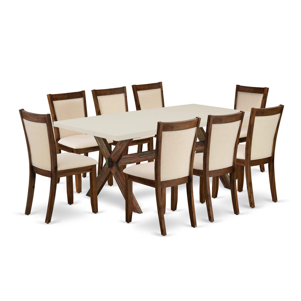East West Furniture 9-Piece Dining Table Set Contains a Wood Dining Table and 8 Light Beige Linen Fabric Mid Century Dining Chairs with Stylish Back - Distressed Jacobean Finish. Picture 1