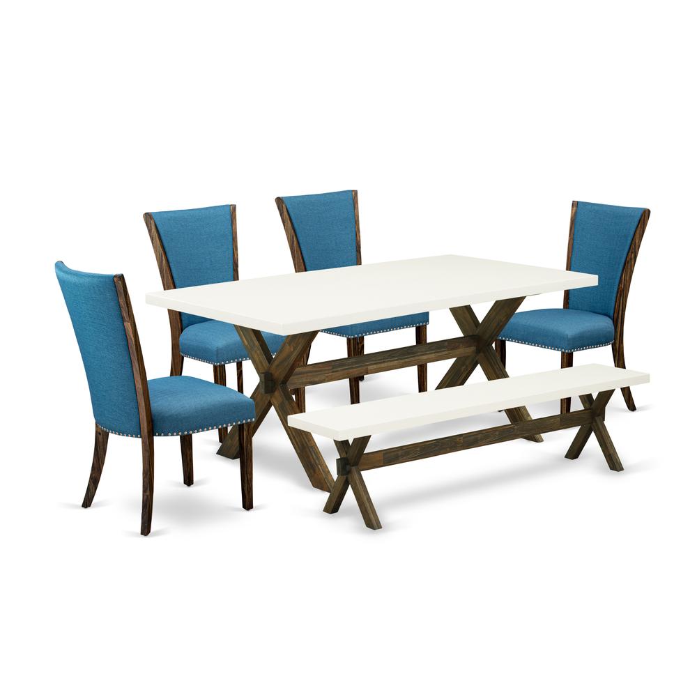 East West Furniture X727VE721-6 6 Piece Table Set - 4 Black Linen Fabric Chairs for Dining Room with Nailheads and Linen White Modern Kitchen Table - 1 Dining Room Bench - Distressed Jacobean Finish. Picture 1