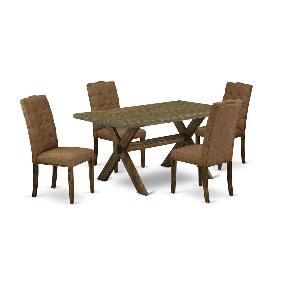East West Furniture 5-Piece Dining room Table Set Included 4 Dining chairs Upholstered Seat and High Button Tufted Chair Back and Rectangular Dining Table with Distressed Jacobean Mid Century Dining T. Picture 1