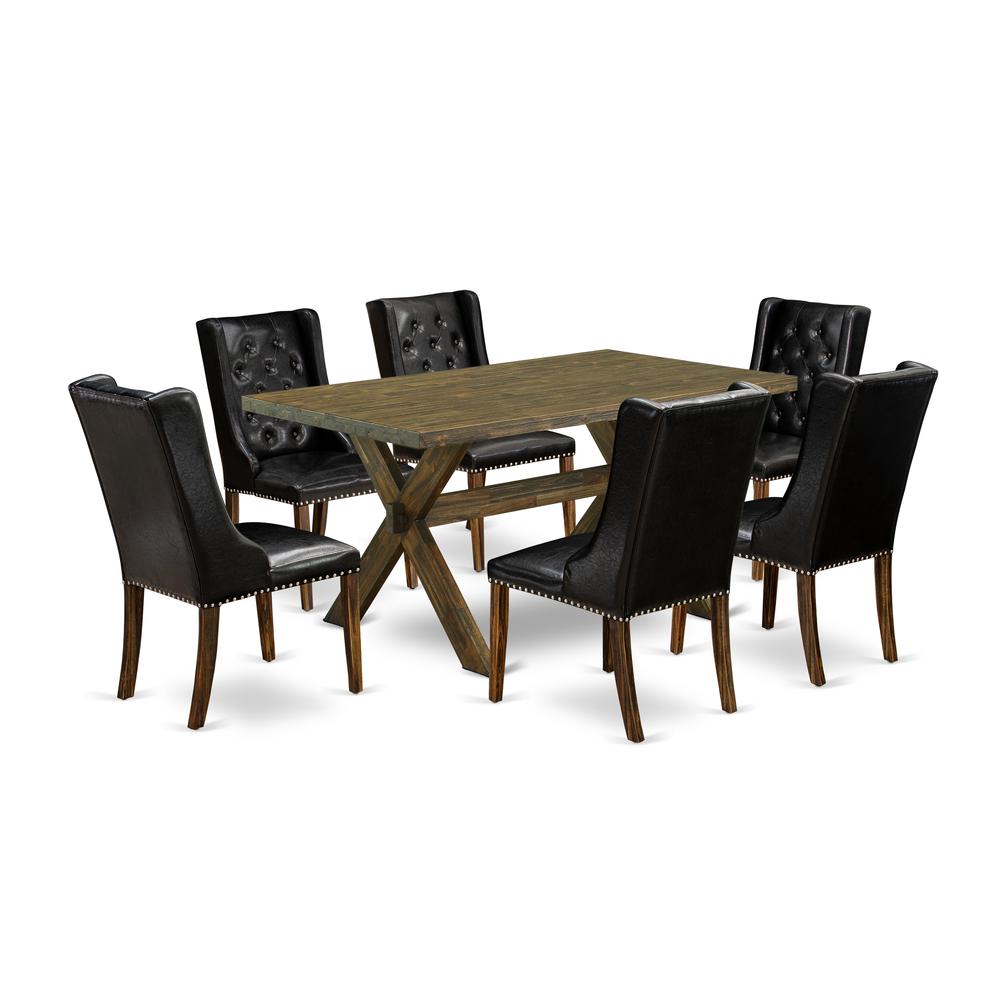 East West Furniture X776FO749-7 7 Piece Dining Room Set - 6 Black Pu Leather Dining Room Chair Button Tufted with Nail heads and Wood Table - Distressed Jacobean Finish. Picture 1