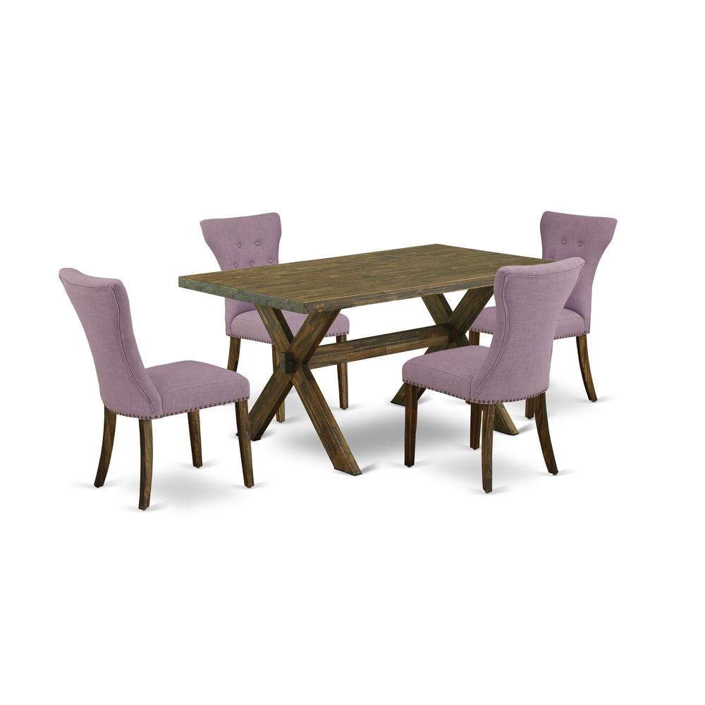 East West Furniture 5-Pc Modern Dining Table Set Included 4 Kitchen Dining chairs Upholstered Seat and High Button Tufted Chair Back and Rectangular Dining room Table with Distressed Jacobean Rectangu. Picture 1