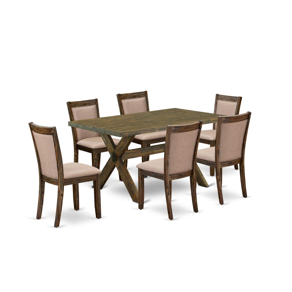 X776MZ716-7 7 Pc Modern Kitchen Dining Set - A Dining Table with Trestle Base and 6 Dining Chairs - Distressed Jacobean Finish. Picture 1
