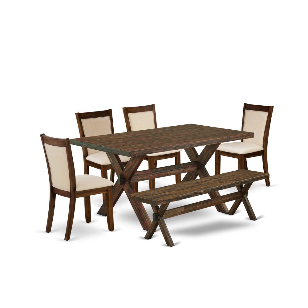 East West Furniture 6-Piece Dining Room Set Consists of a Rectangular Table and a Wooden Bench with 4 Light Beige Linen Fabric Dinner Chairs with Stylish Back - Distressed Jacobean Finish. Picture 1