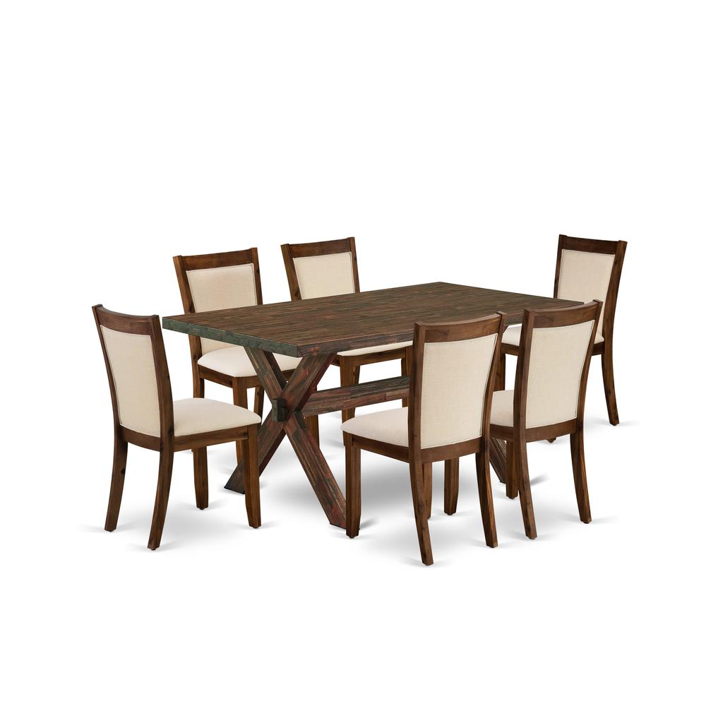 East West Furniture 7-Pc Kitchen Table Set Contains a Mid Century Table and 6 Light Beige Linen Fabric Parsons Chairs with Stylish Back - Distressed Jacobean Finish. Picture 1