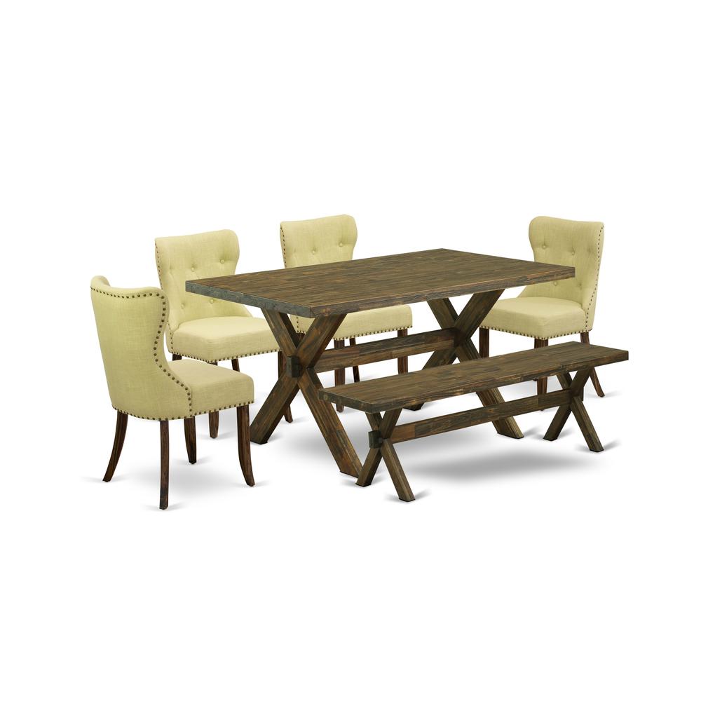 East West Furniture X776SI737-6 6-Piece Dinette Set- 4 Parson Dining Chairs with Mineral Blue Linen Fabric Seat and Button Tufted Chair Back - Rectangular Top & Wooden Cross Legs dining table and Dini. Picture 1