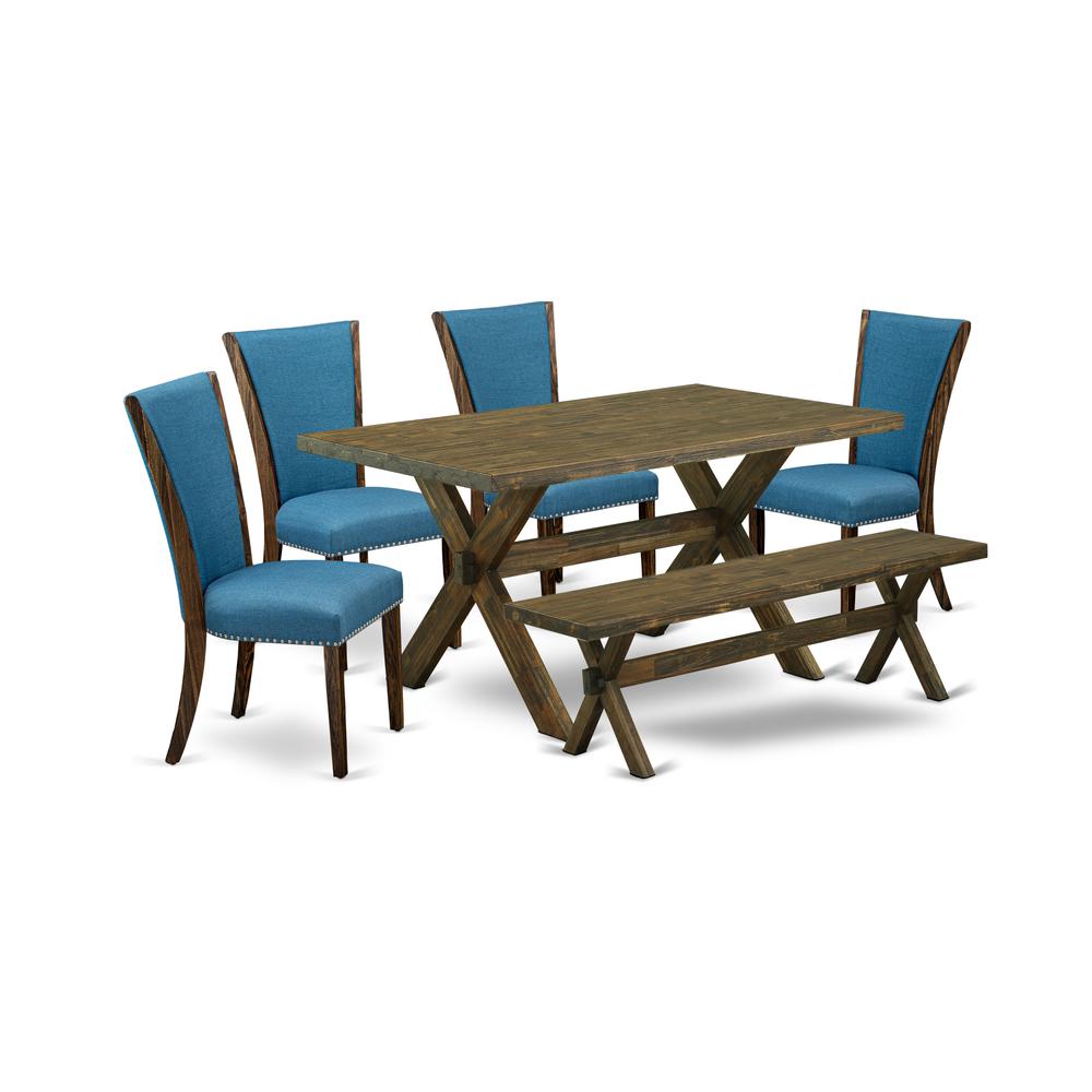 East West Furniture X776VE721-6 6 Piece Dining Room Set - 4 Black Linen Fabric Dining Chairs with Nailheads and Distressed Jacobean Wooden Table - 1 Modern Bench - Distressed Jacobean Finish. Picture 1
