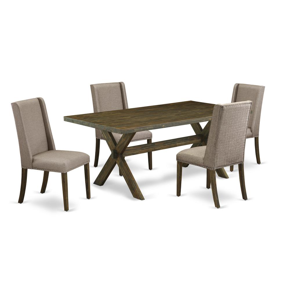 East West Furniture 5-Piece Rectangular Dining Table Set Included 4 Parson Chair Upholstered Nails Head Seat and Stylish Chair Back and rectangular dining Dining Table with Distressed Jacobean Dinette. Picture 1