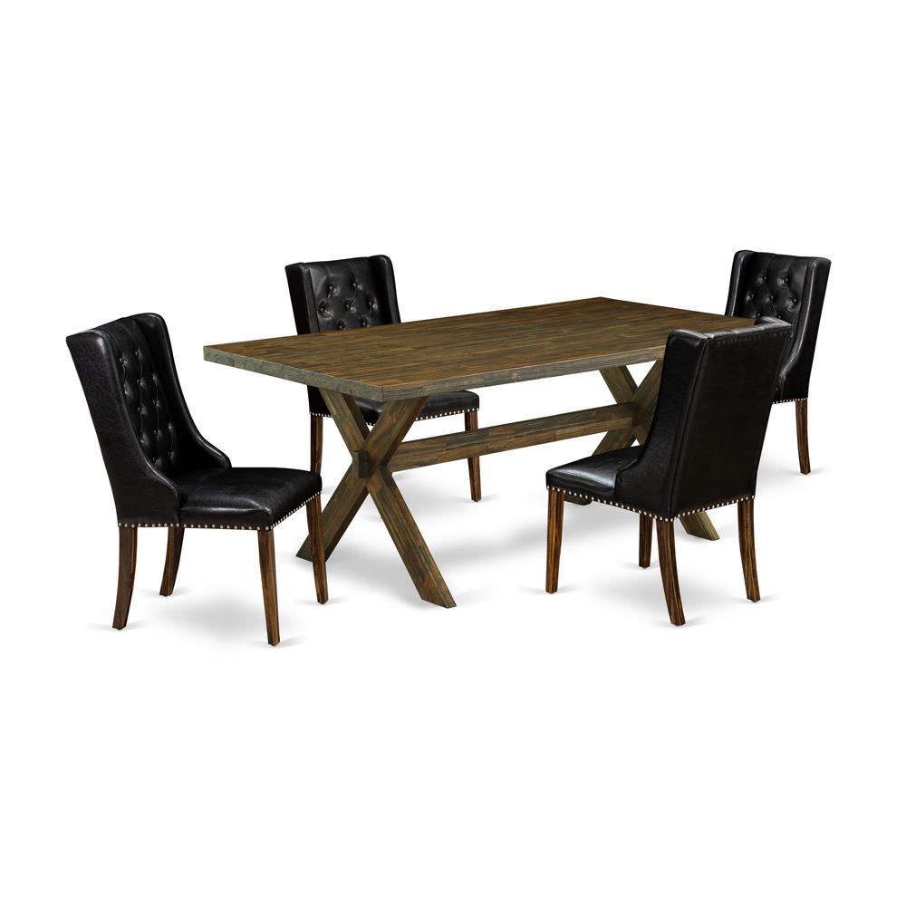 East West Furniture X777FO749-5 5 Piece Dining Table Set - 4 Black Pu Leather Dining Chairs Button Tufted with Nail heads and Wooden Dining Table - Distressed Jacobean Finish. Picture 1