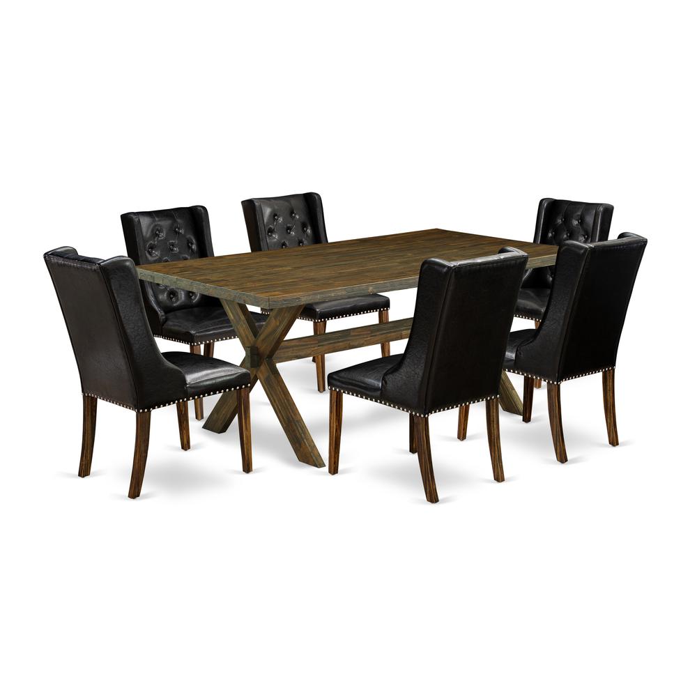 East West Furniture X777FO749-7 7 Piece Dining Room Set - 6 Black Pu Leather Upholstered Chair Button Tufted with Nailheads and Mid Century Dining Table - Distressed Jacobean Finish. Picture 1