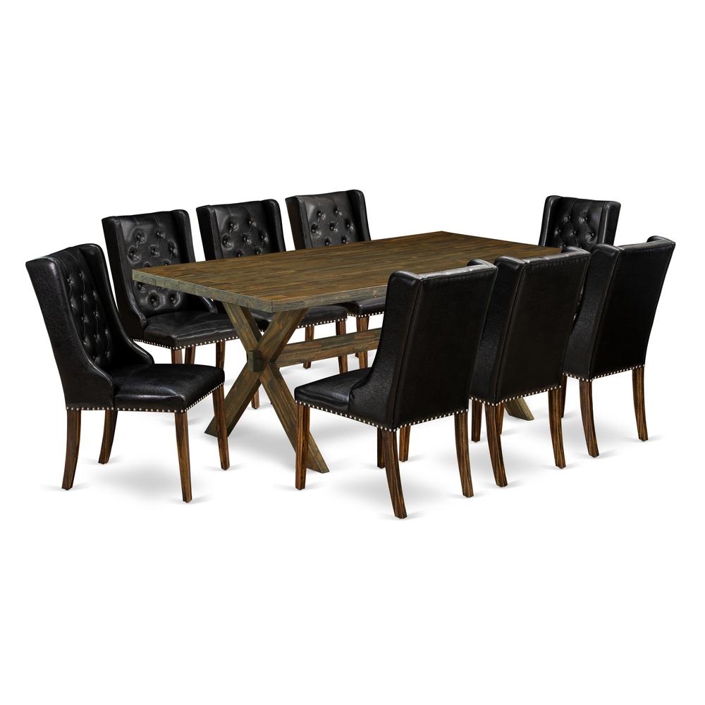 East West Furniture X777FO749-9 9-Piece Dinette Set - 8 Black Pu Leather Padded Chair Button Tufted with Nail heads and Rectangular Table - Distressed Jacobean Finish. Picture 1
