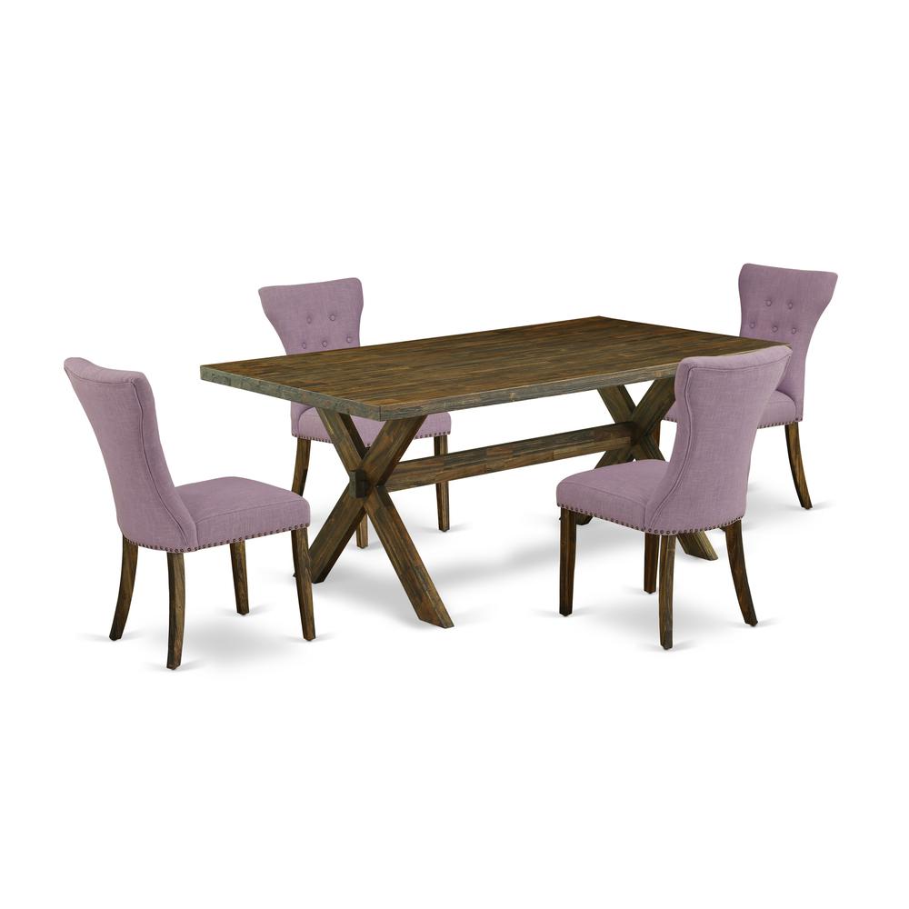 East West Furniture 5-Pc Modern Dinette Set Included 4 Modern Dining chairs Upholstered Seat and High Button Tufted Chair Back and Rectangular Dining room Table with Distressed Jacobean rectangular Di. Picture 1