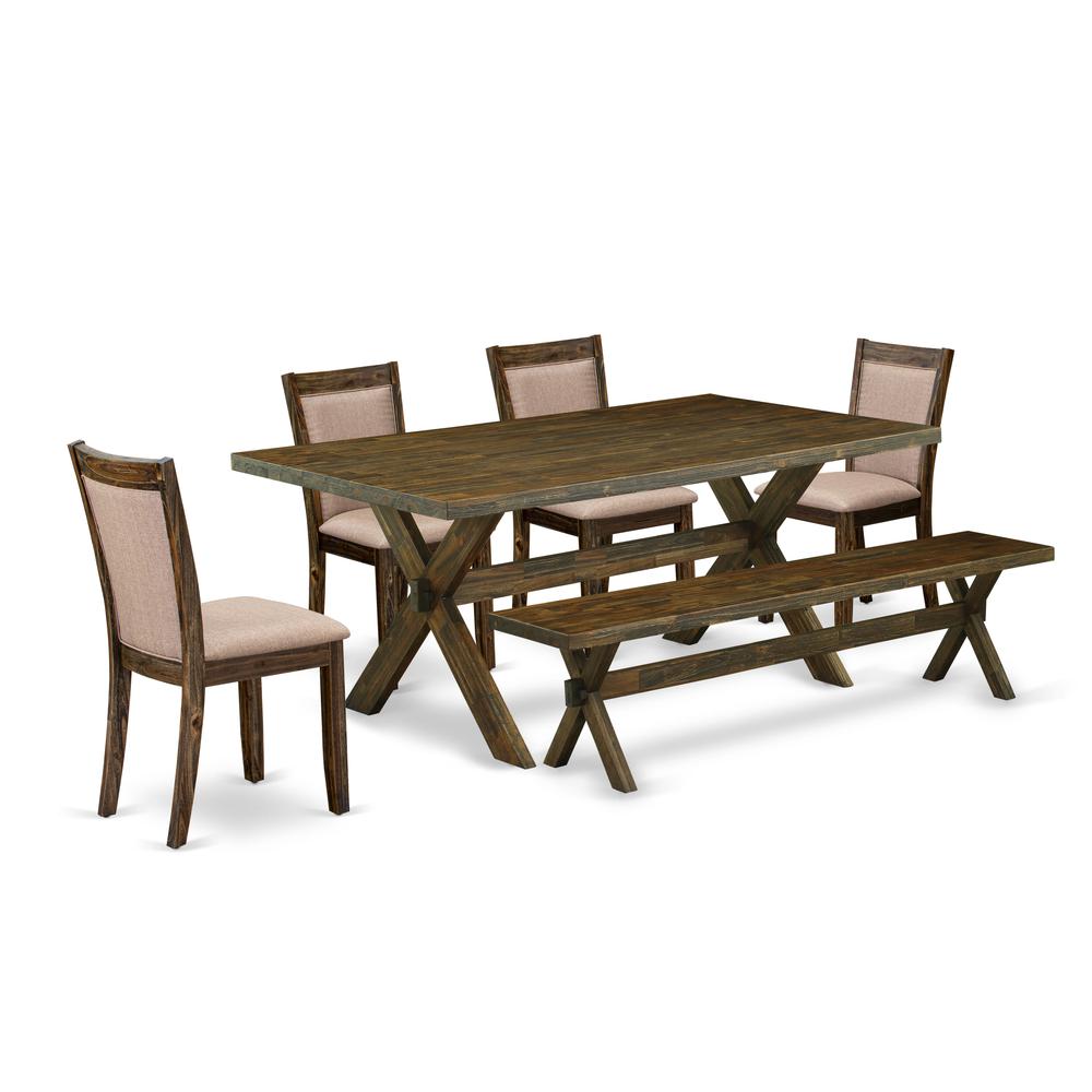 East West Furniture 6 Piece Dinette Set- A Distressed Jacobean Top Modern Dining Table in Trestle Base with Bench and 4 Dark Khaki Linen Fabric Dining Chairs - Distressed Jacobean Finish. Picture 1
