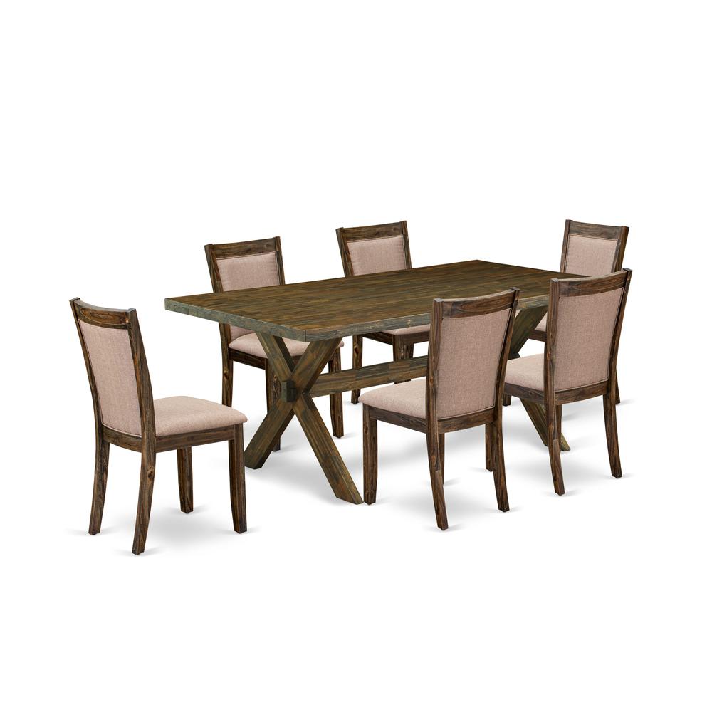 East West Furniture 7 Piece Rustic Dining Table Set - A Distressed Jacobean Top Wooden Table with Trestle Base and 6 Dark Khaki Linen Fabric Dining Chairs - Distressed Jacobean Finish. Picture 1