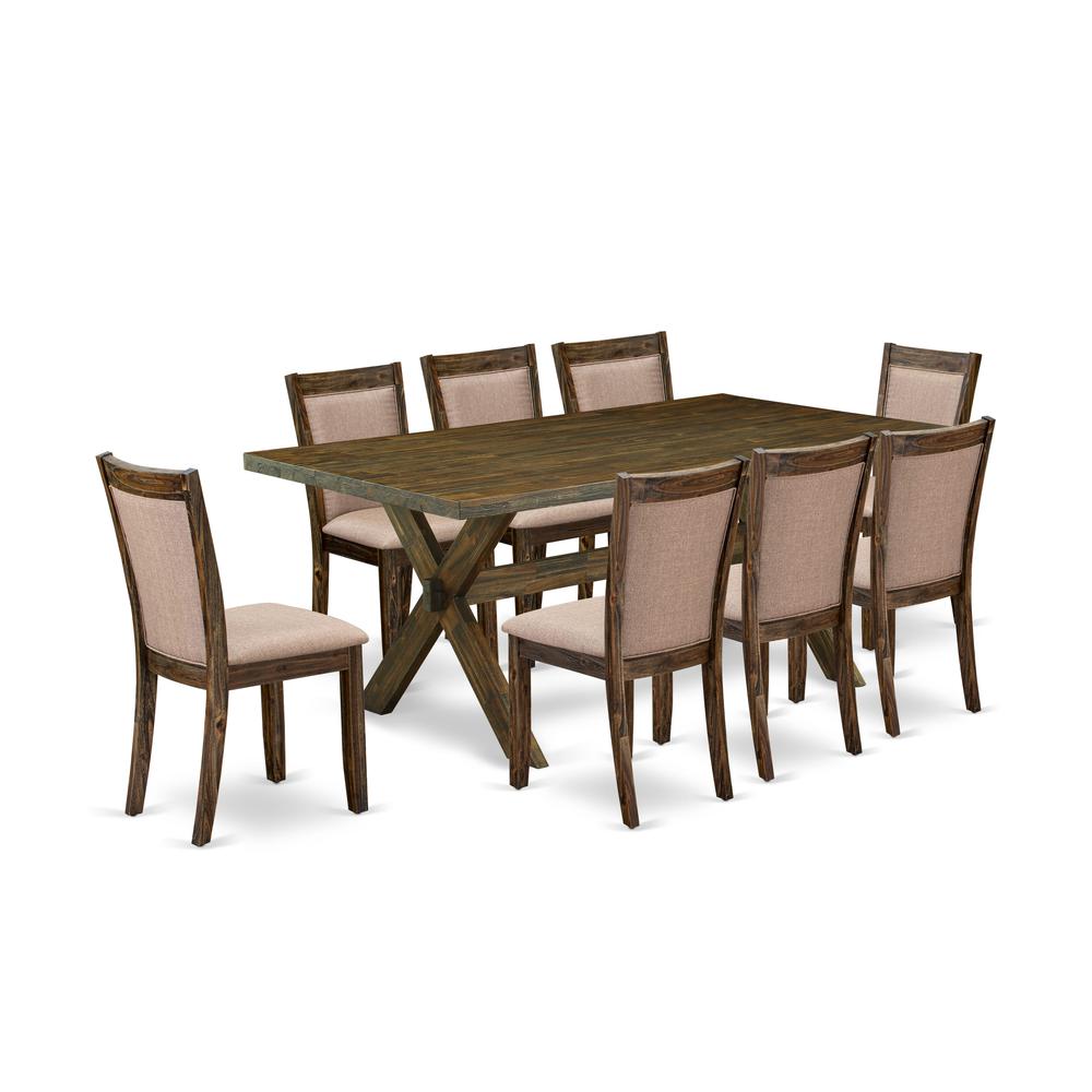 East West Furniture 9 Piece Modern Dining Set - A Distressed Jacobean Top Dining Table with Trestle Base and 8 Dark Khaki Linen Fabric Parson Chairs - Distressed Jacobean Finish. Picture 1
