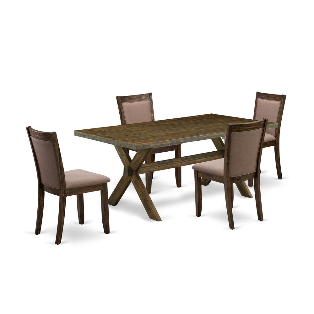 East West Furniture 5 Piece Dinning Table Set - A Distressed Jacobean Top Dining Table with Trestle Base and 4 Coffee Linen Fabric Rustic Dining Chairs - Distressed Jacobean Finish. Picture 1