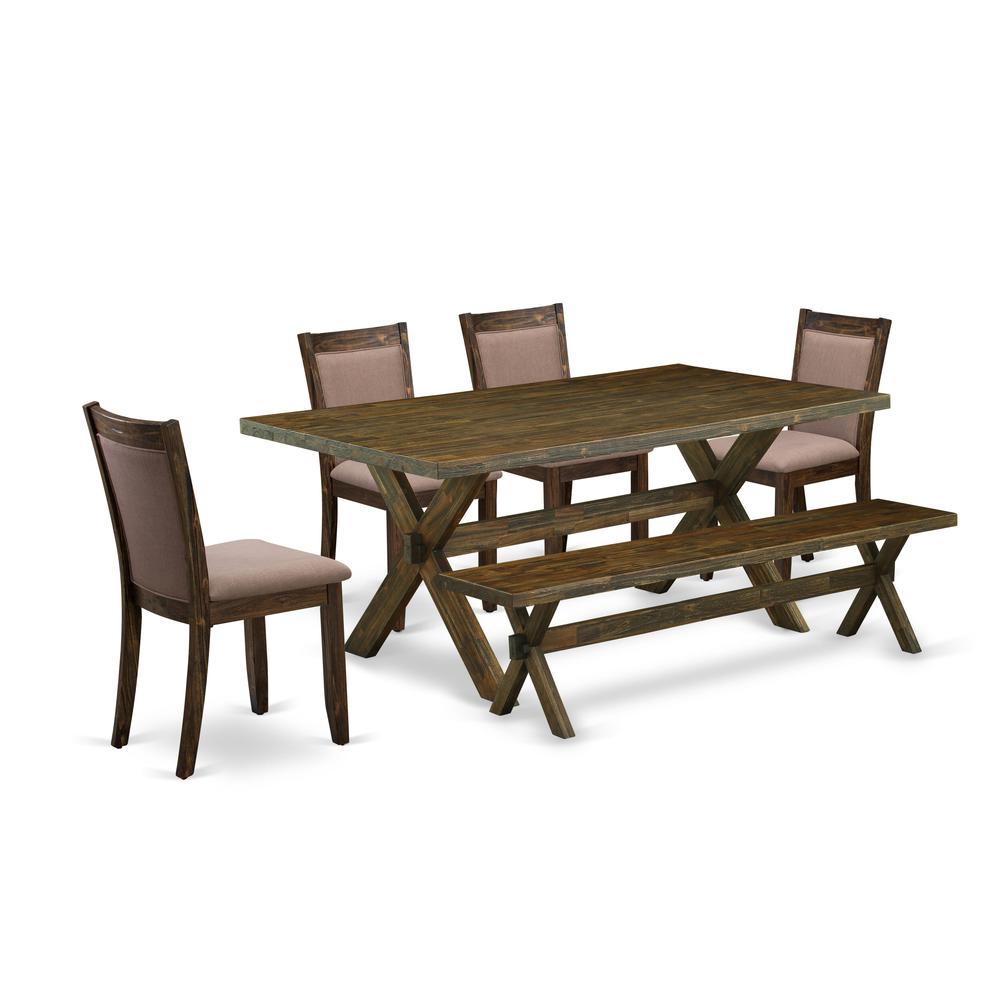 East West Furniture 6 Piece Dining Set- A Distressed Jacobean Top Wooden Table in Trestle Base with Small Wood Bench and 4 Coffee Linen Fabric Kitchen Chairs - Distressed Jacobean Finish. Picture 1