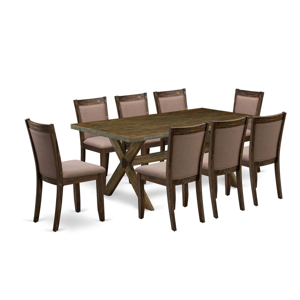 East West Furniture 9 Piece Kitchen Table Set - A Distressed Jacobean Top Kitchen Table with Trestle Base and 8 Coffee Linen Fabric Dinner Chairs - Distressed Jacobean Finish. Picture 1