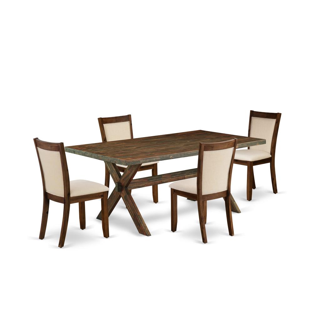 East West Furniture 5-Piece Dining Table Set Includes a Rectangular Dining Table and 4 Light Beige Linen Fabric Upholstered Chairs with Stylish Back - Distressed Jacobean Finish. Picture 1