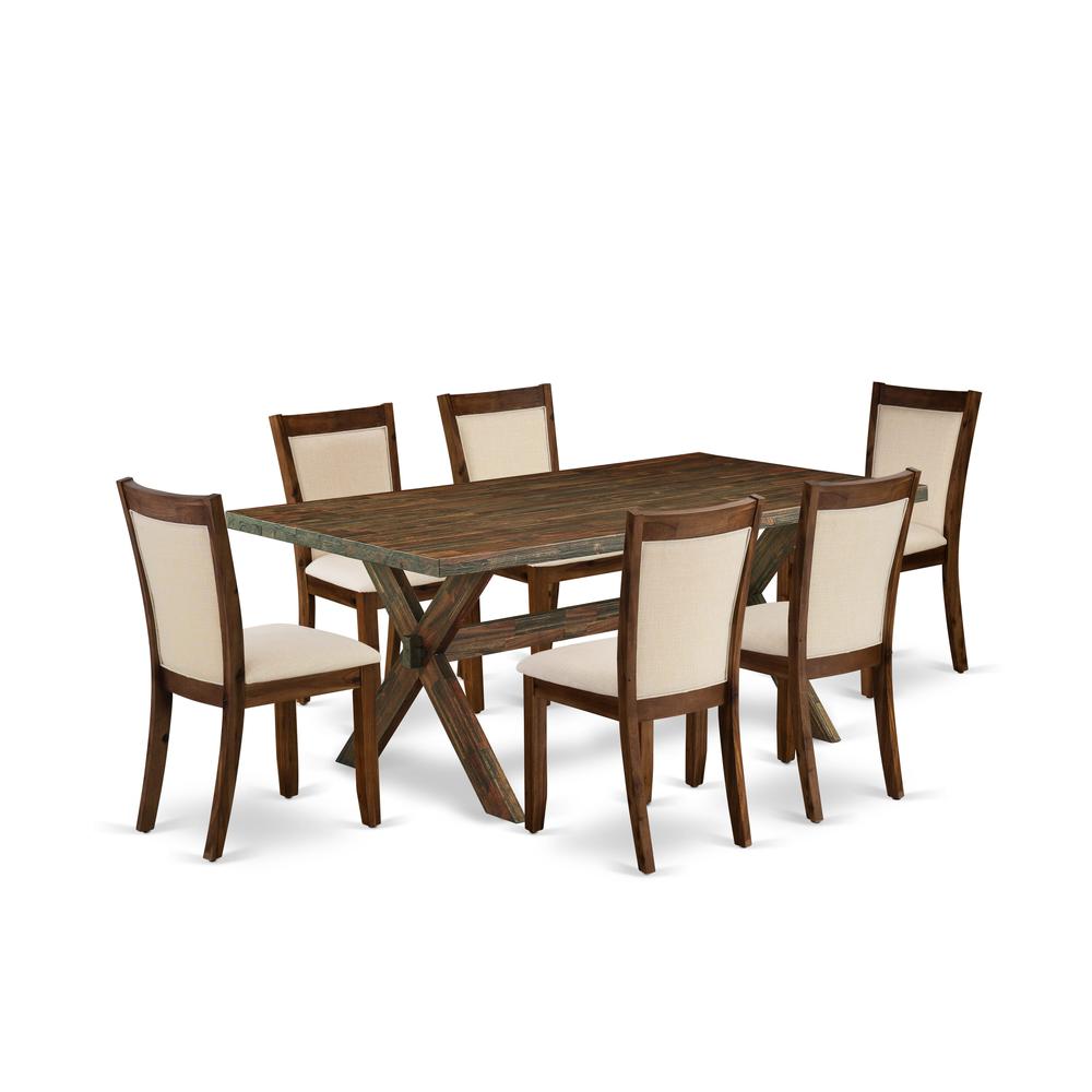 East West Furniture 7-Piece Dining Table Set Contains a Wooden Table and 6 Light Beige Linen Fabric Mid Century Dining Chairs with Stylish Back - Distressed Jacobean Finish. Picture 1