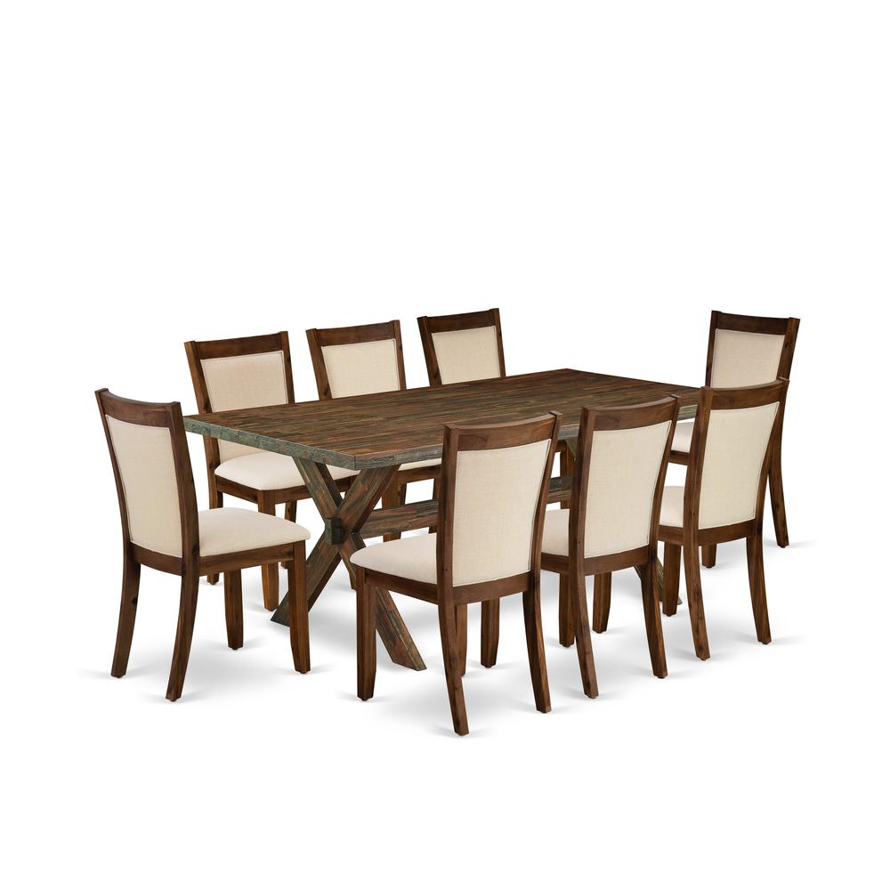 East West Furniture 9-Pc Kitchen Table Set Includes a Wooden Dining Table and 8 Light Beige Linen Fabric Mid Century Dining Chairs with Stylish Back - Distressed Jacobean Finish. Picture 1
