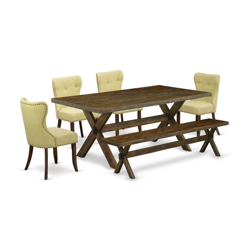 East West Furniture X777SI737-6 6-Piece Dining Room Table Set- 4 Kitchen Parson Chairs with Limelight Linen Fabric Seat and Button Tufted Chair Back - Rectangular Top & Wooden Cross Legs Mid Century D. Picture 1