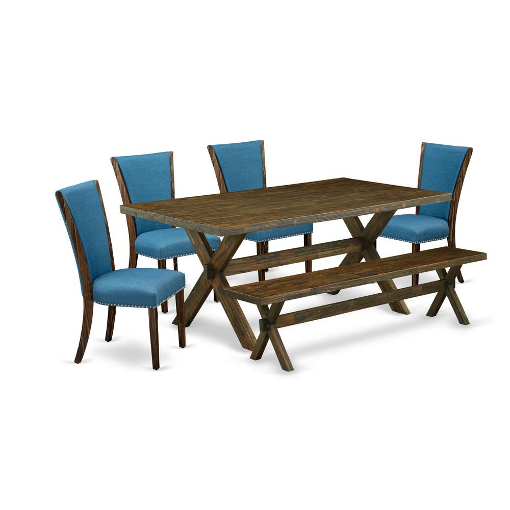 East West Furniture X777VE721-6 6 Piece Mid Century Dining Set - 4 Black Linen Fabric Dining Room Chairs with Nailheads and Distressed Jacobean Wood Table - 1 Small Bench - Distressed Jacobean Finish. Picture 1