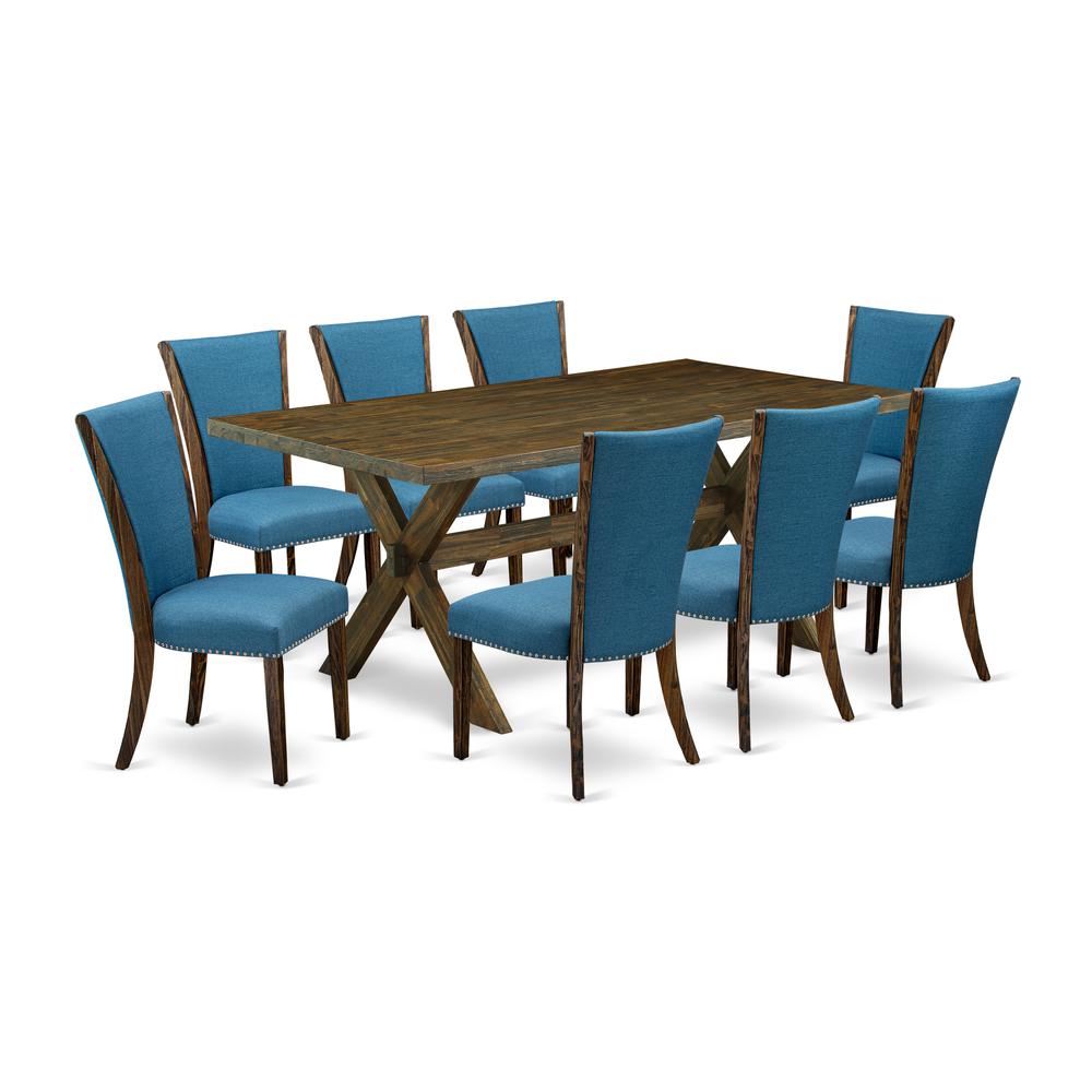 East West Furniture X777VE721-9 9Pc Dinette Sets for Small Spaces Consists of a Wood Dining Table and 8 Parsons Chairs with Blue Color Linen Fabric, Distressed Jacobean Finish. Picture 1