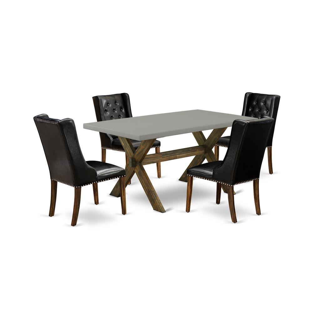 East West Furniture X796FO749-5 5-Piece Kitchen Table Set consists of 4 Black Pu Leather Parson Dining Chairs Button Tufted with Nailheads and Cement Wooden Dining Table - Distressed Jacobean Finish. Picture 1