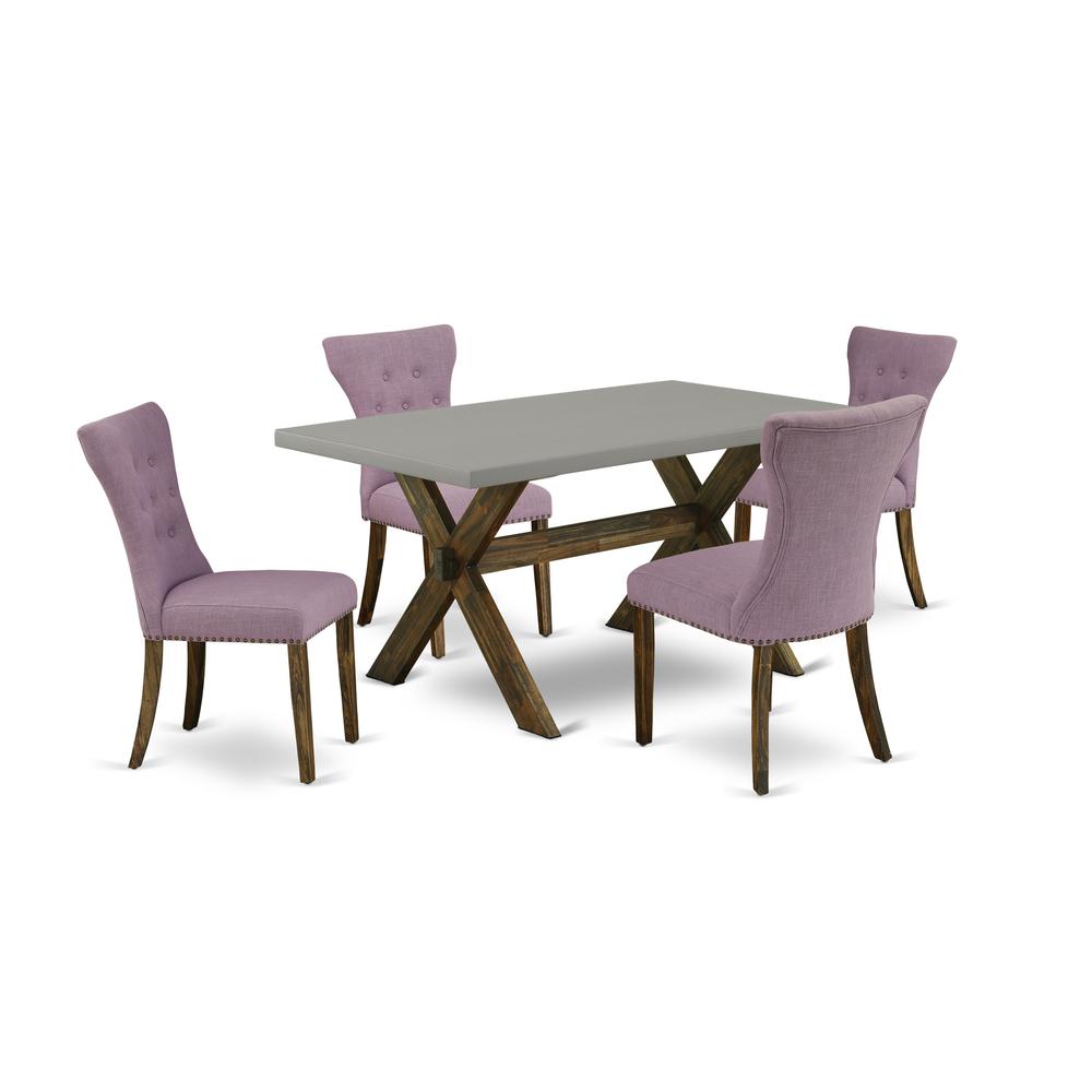 East West Furniture 5-Pc kitchen table set Included 4 Dining Chair Upholstered Seat and High Button Tufted Chair Back and Rectangular Dining Table with Cement Color rectangular Table Top - Distressed. Picture 1