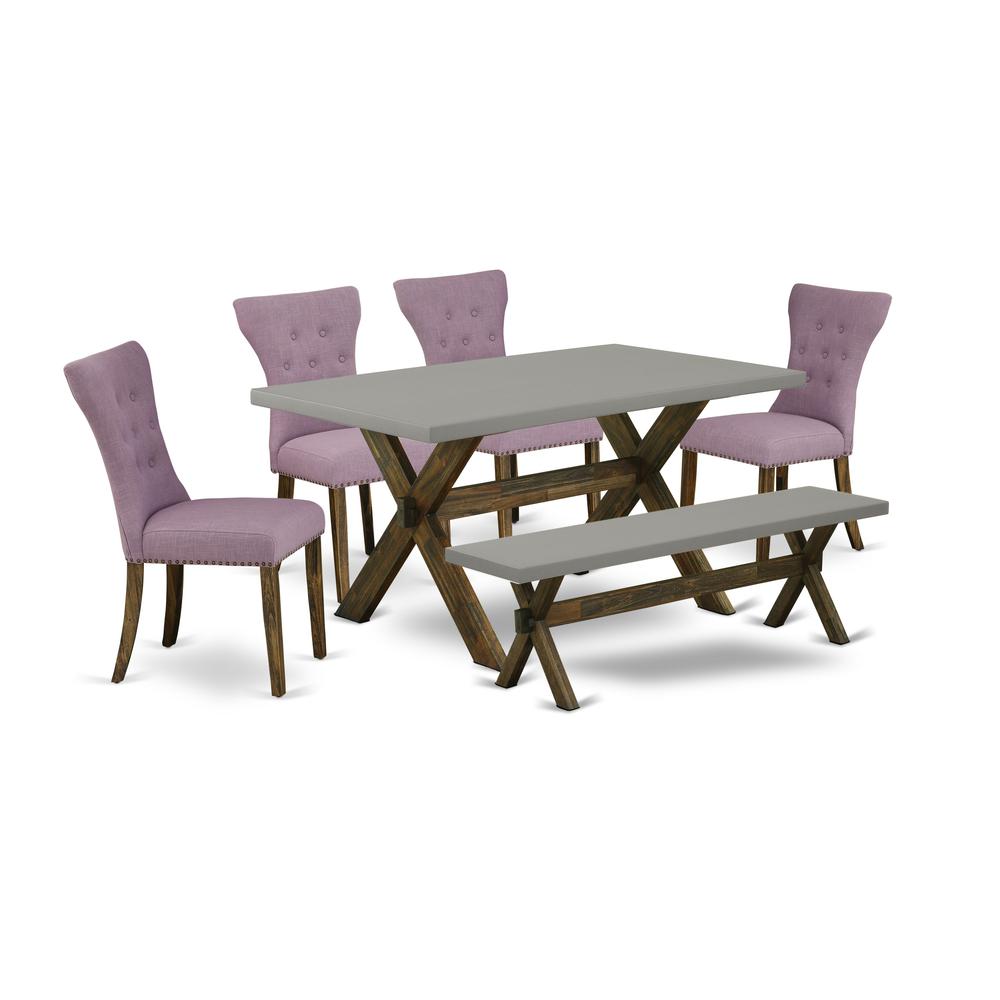 East West Furniture 6-Pc Modern Dining Table Set-Dahlia Linen Fabric Seat and Button Tufted Chair Back Padded Parson Chairs, A Rectangular Bench and Rectangular Top Mid Century Dining Table with Woode. Picture 1