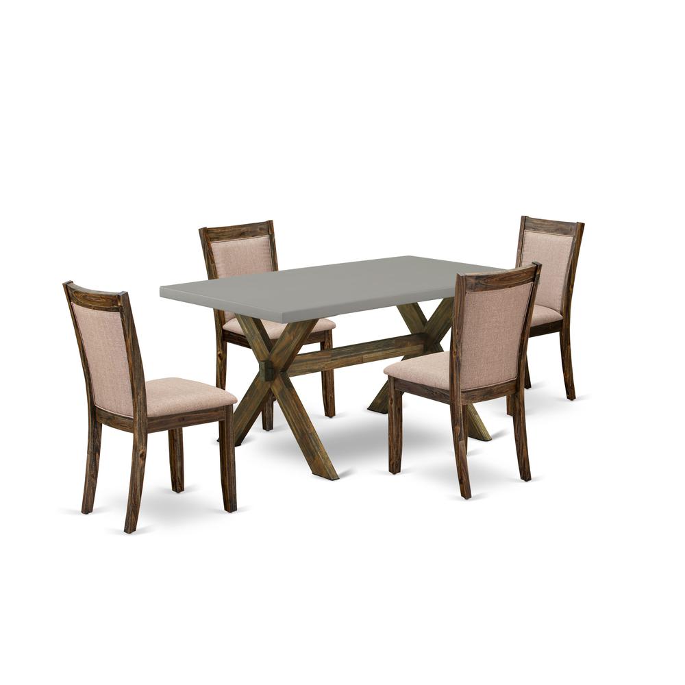East West Furniture 5 Piece Contemporary Kitchen Dining Table Set - A Cement Top Kitchen Table with Trestle Base and 4 Dark Khaki Linen Fabric Dining Chairs - Distressed Jacobean Finish. Picture 1