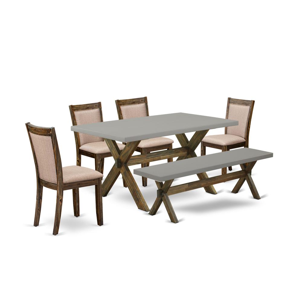 East West Furniture 6 Piece Dinning Room Set- A Cement Top Kitchen Table in Trestle Base with Wooden Bench and 4 Dark Khaki Linen Fabric Modern Chairs - Distressed Jacobean Finish. Picture 1