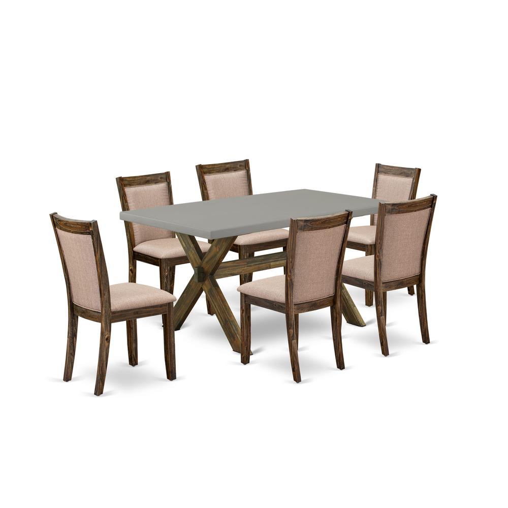 East West Furniture 7 Piece Contemporary Modern Dining Set - A Cement Top Dinner Table with Trestle Base and 6 Dark Khaki Linen Fabric Dining Room Chairs - Distressed Jacobean Finish. Picture 1