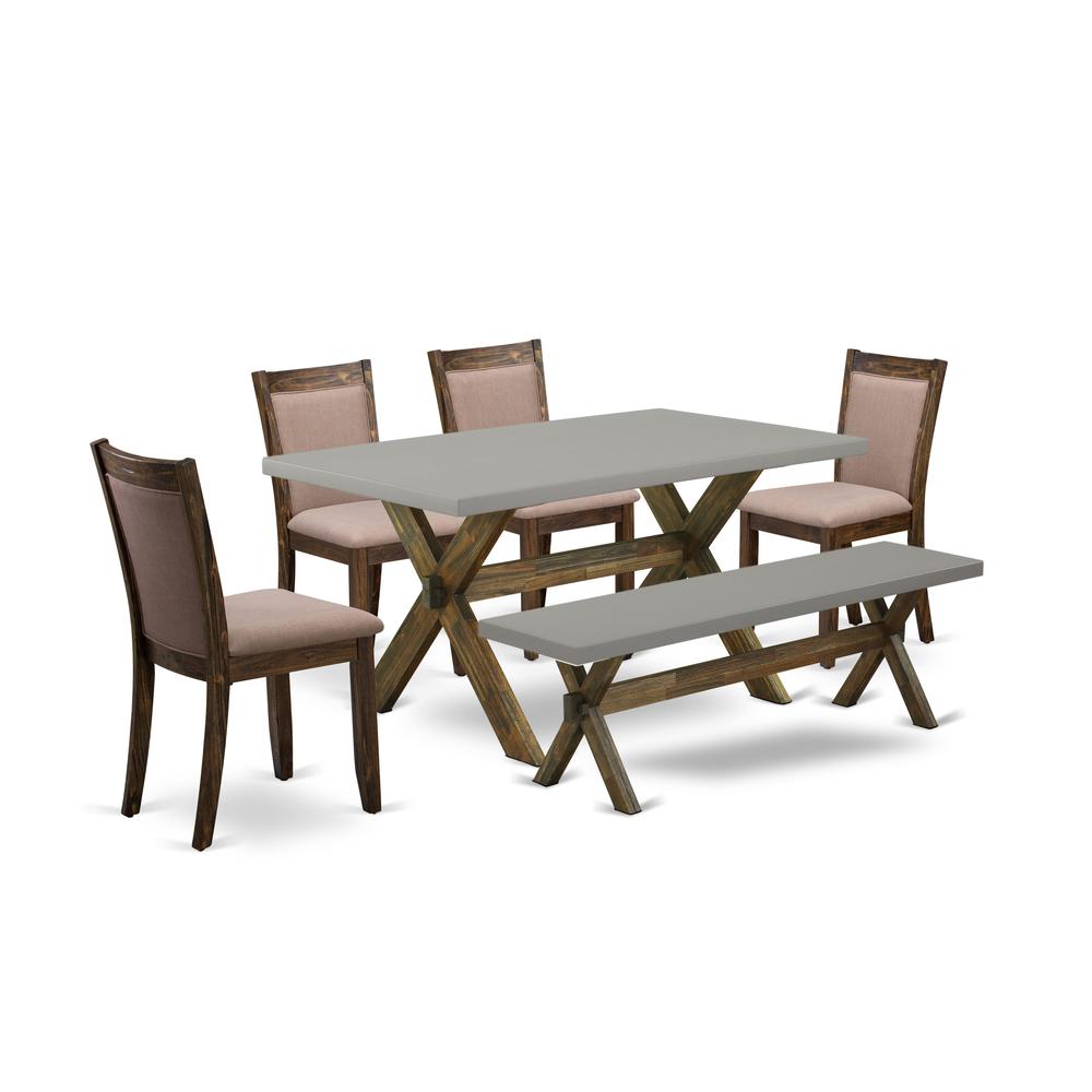 East West Furniture 6-Pc Dining Set - 4 Dining Chairs, a Dining Bench and 1 Dining Table (Distressed Jacobean Finish). Picture 1