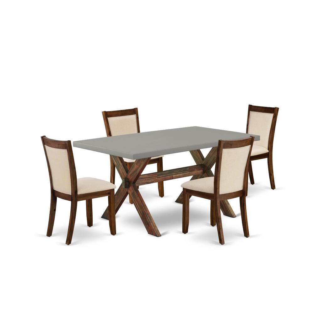 East West Furniture 5-Piece Dining Room Table Set Consists of a Mid Century Dining Table and 4 Light Beige Linen Fabric Parsons Chairs with Stylish Back - Distressed Jacobean Finish. Picture 1