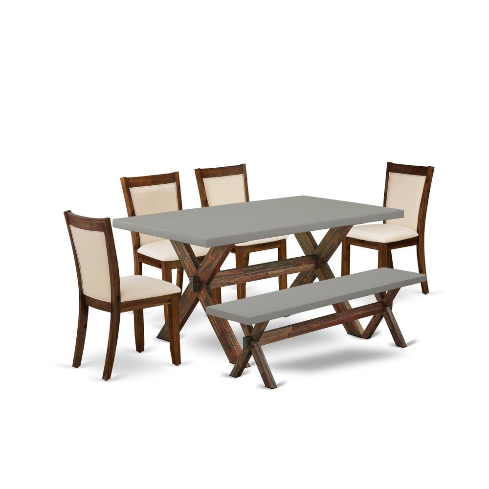 East West Furniture 6-Pc Table Set Contains a Rectangular Table and a Small Bench with 4 Light Beige Linen Fabric Parsons Chairs with Stylish Back - Distressed Jacobean Finish. Picture 1