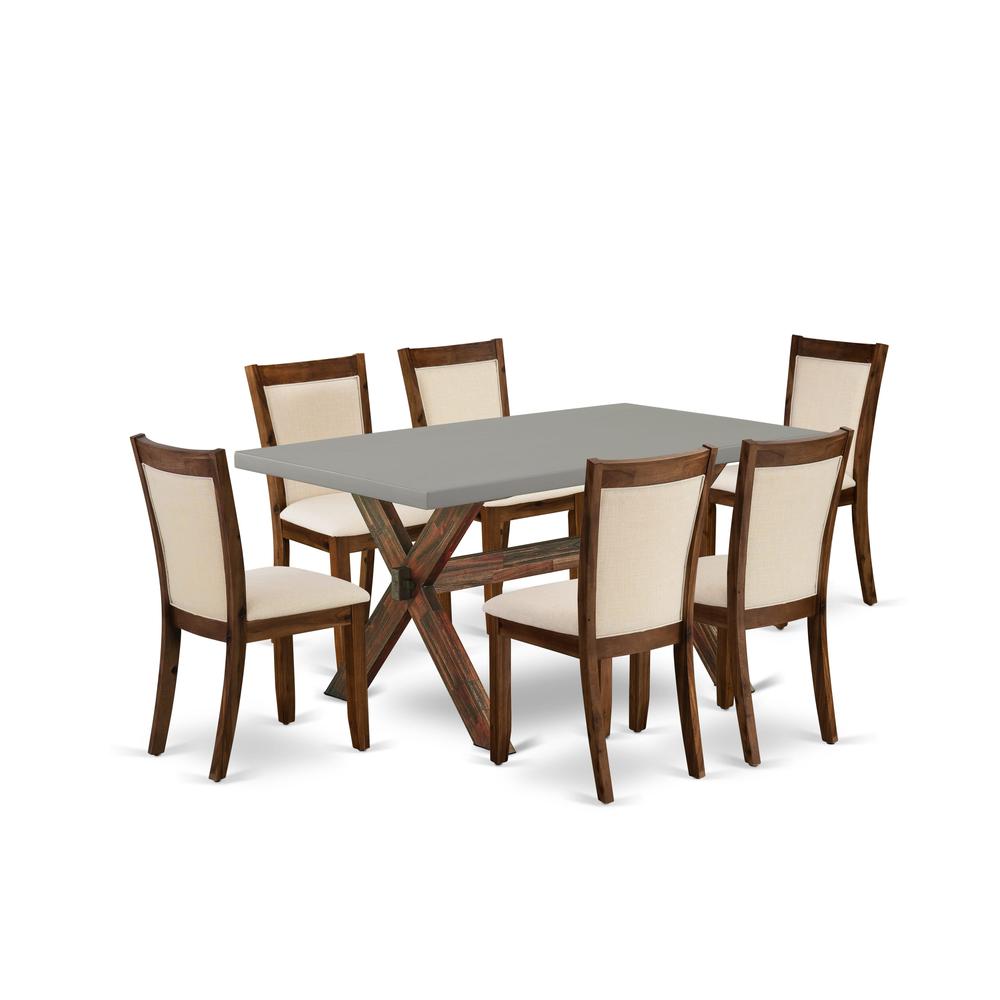 East West Furniture 7-Piece Dining Set Includes a Wooden Kitchen Table and 6 Light Beige Linen Fabric Dining Room Chairs with Stylish Back - Distressed Jacobean Finish. Picture 1